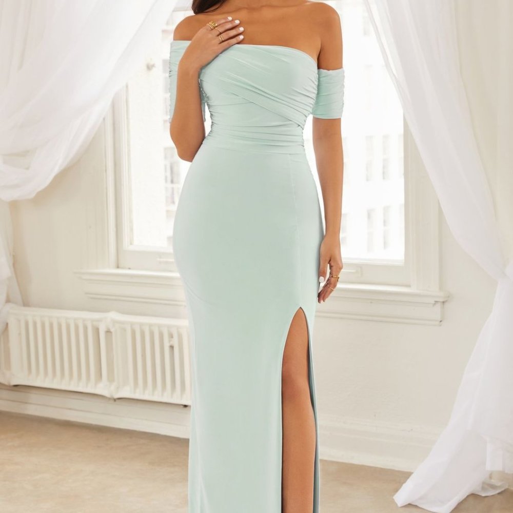 MINT DRAPE SHOULDER SPLIT MAXI DRESS